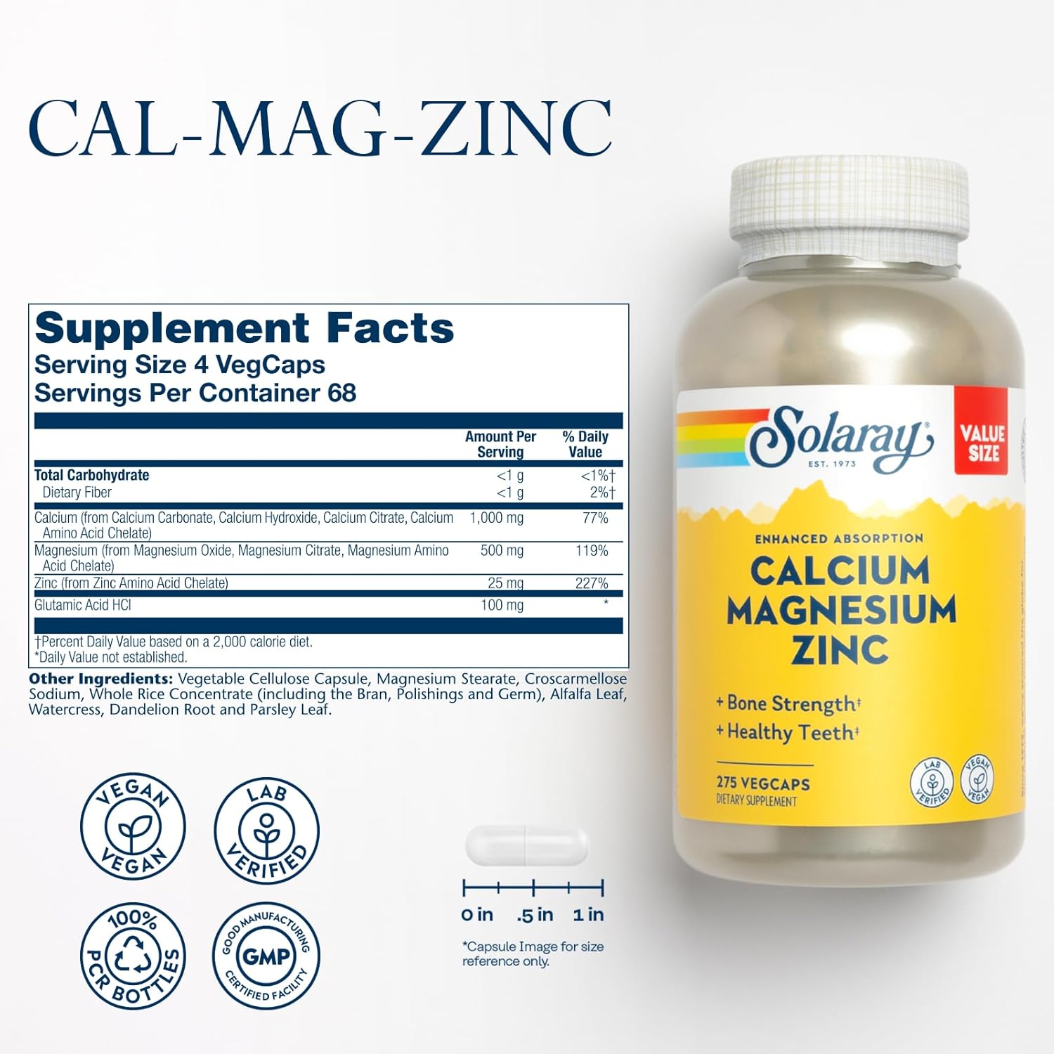 SOLARAY Calcium Magnesium Zinc Supplement - with Calcium 1000mg, Magnesium 500mg - Bone Health, Muscle Function, Heart Health and Immune Support - Vegan, 60 Day Guarantee, 68 Servings, 275 VegCaps-1