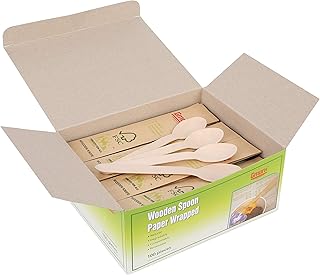 Gmark Disposable Wooden Spoons Paper Wrapped | Pack of 100-6.5" Spoons | 100% All-Natural, Eco-Friendly, Biodegradable, and Compostable 100 ct Individually Wrapped in Box GM1024