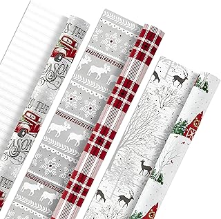 Hallmark Holiday Wrapping Paper Rolls - Rustic Christmas Gift Wrap Paper (Set of 3 Reversible Rolls: 120 sq. ft. ttl.) Plaid, Barn, Red Truck, Moose, Woodland Scenes