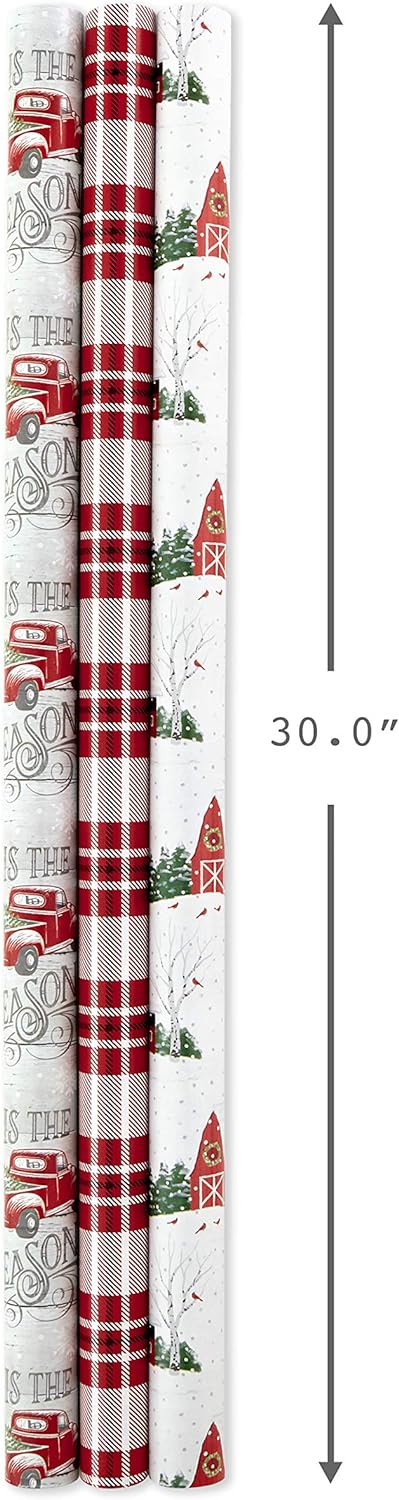 Hallmark Holiday Wrapping Paper Rolls - Rustic Christmas Gift Wrap Paper (Set of 3 Reversible Rolls: 120 sq. ft. ttl.) Plaid, Barn, Red Truck, Moose, Woodland Scenes-2