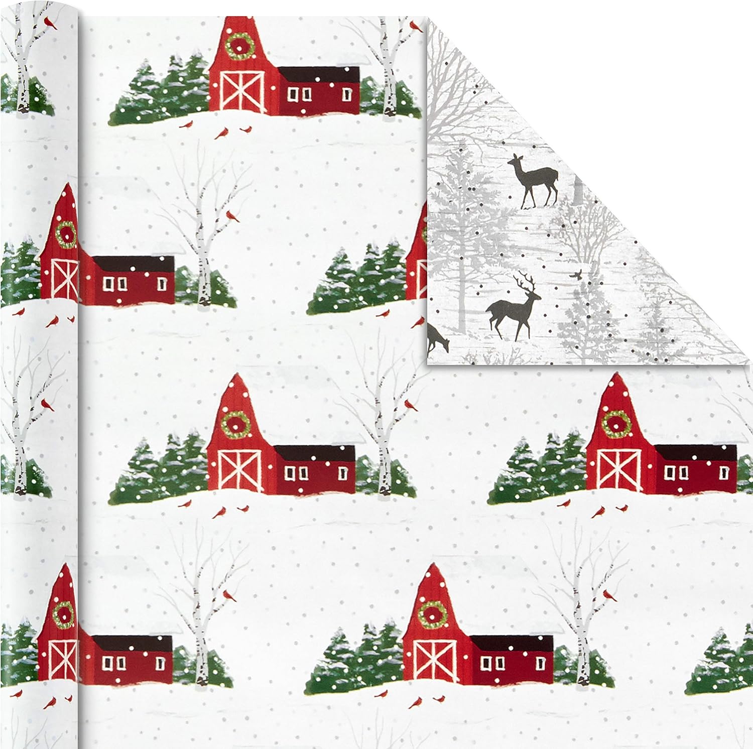 Hallmark Holiday Wrapping Paper Rolls - Rustic Christmas Gift Wrap Paper (Set of 3 Reversible Rolls: 120 sq. ft. ttl.) Plaid, Barn, Red Truck, Moose, Woodland Scenes-5