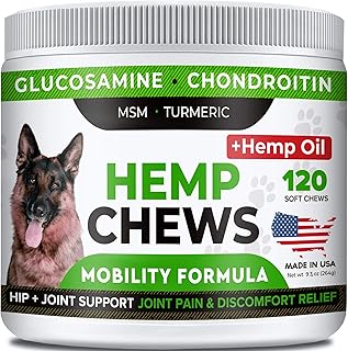 STRELLALAB Hemp Treats + Glucosamine for Dogs - Hip & Joint Supplement - w/Hemp Oil + Protein - Chondroitin, MSM, Turmeric to Improve Mobility & Energy - Natural Joint Pain Relief, 120 Chews