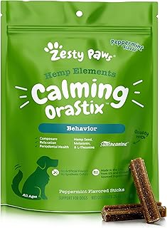 Zesty Paws OraStix for Dogs - Calming Dental Sticks for Stress with Hemp Melatonin Chamomile Dog Healthy Teeth and Gums Calm Composure for Fireworks and Thunderstorms - 25oz