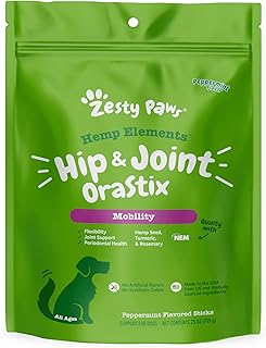 Zesty Paws OraStix for Dogs - Hip & Joint Mobility Sticks with Hemp Seed Curcumin Eggshell Membrane Taurine Support for HIPS Joints Cartilage Health Proprietary Healthy Teeth Gum Blend 25oz