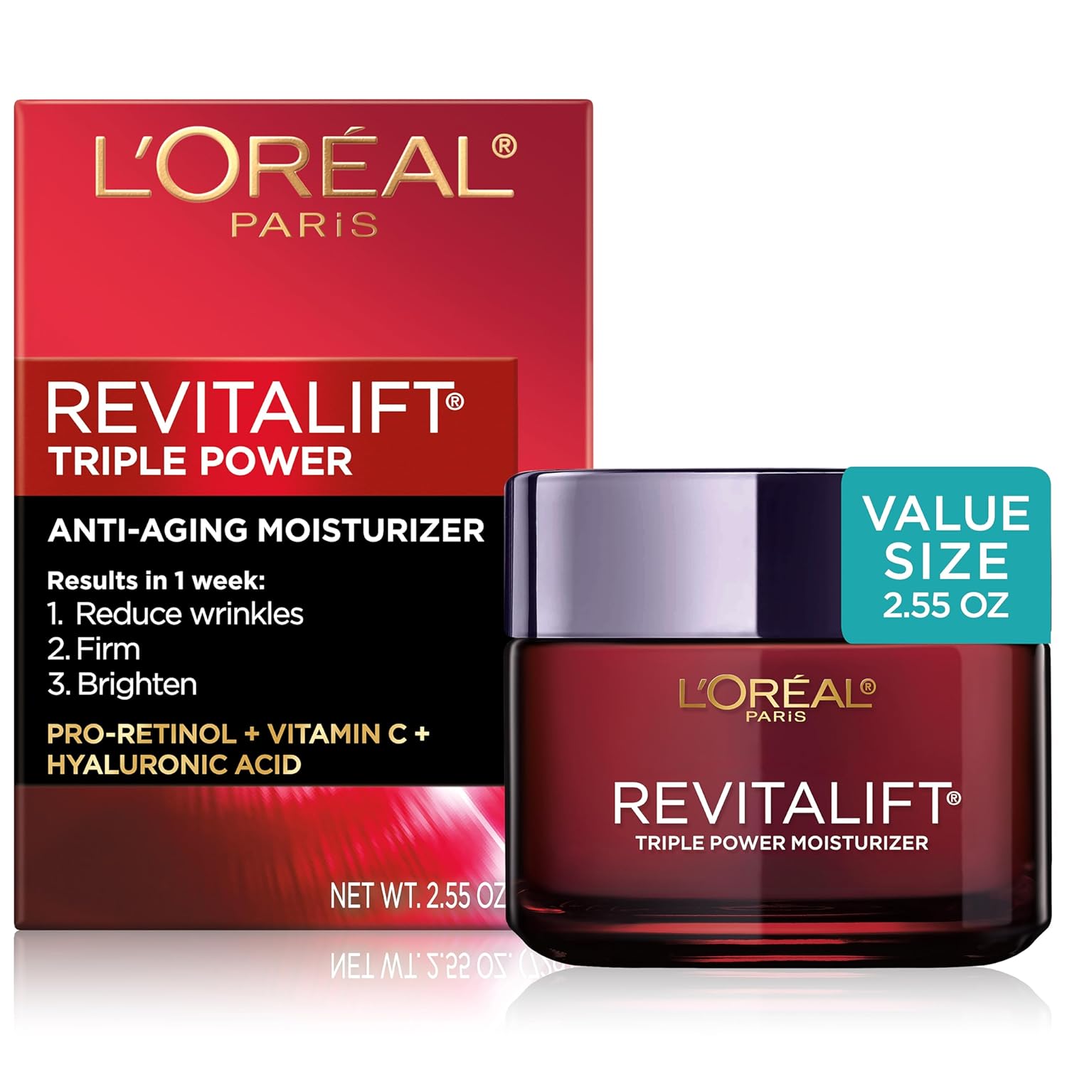 L'Oreal Paris Revitalift Triple Power Anti-Aging Face Moisturizer, Pro Retinol, Hyaluronic Acid & Vitamin C, Reduce Wrinkles 2.55 Oz-0