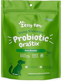 Zesty Paws OraStix for Dogs - Probiotic Sticks with Hemp Seed Curcumin Ginger Root Taurine - Supports Gut Function Flora Immune System Proprietary Healthy Teeth Gum Blend - 25oz