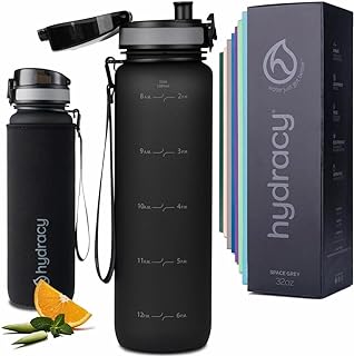 Hydracy Water Bottle with Time Marker -Large BPA Free Water Bottle & No Sweat Sleeve -Leak Proof Gym Bottle with Fruit Infuser Strainer & Times to Drink -Ideal Gift for Fitness Sports & Outdoors