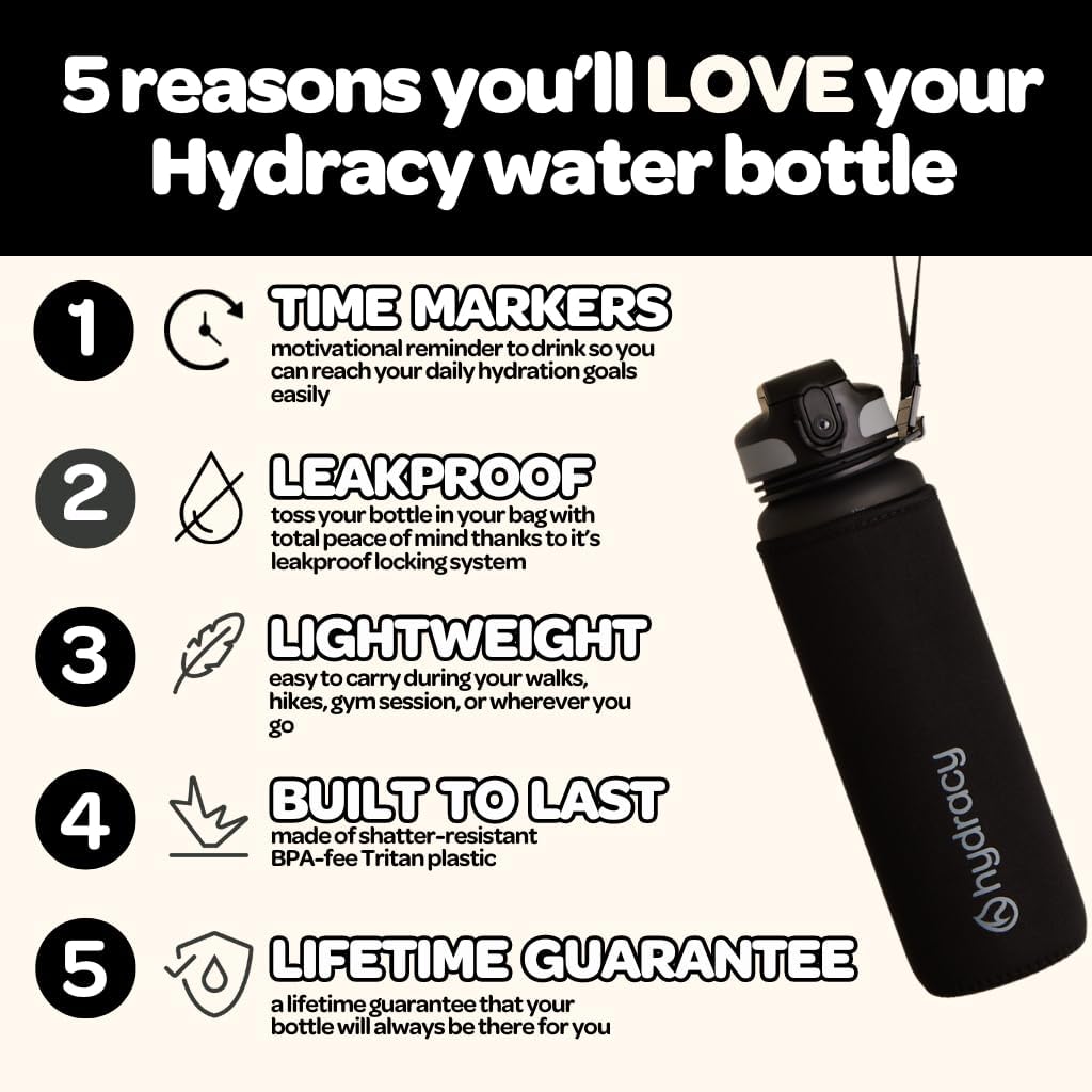 Hydracy Water Bottle with Time Marker -Large BPA Free Water Bottle & No Sweat Sleeve -Leak Proof Gym Bottle with Fruit Infuser Strainer & Times to Drink -Ideal Gift for Fitness Sports & Outdoors-1