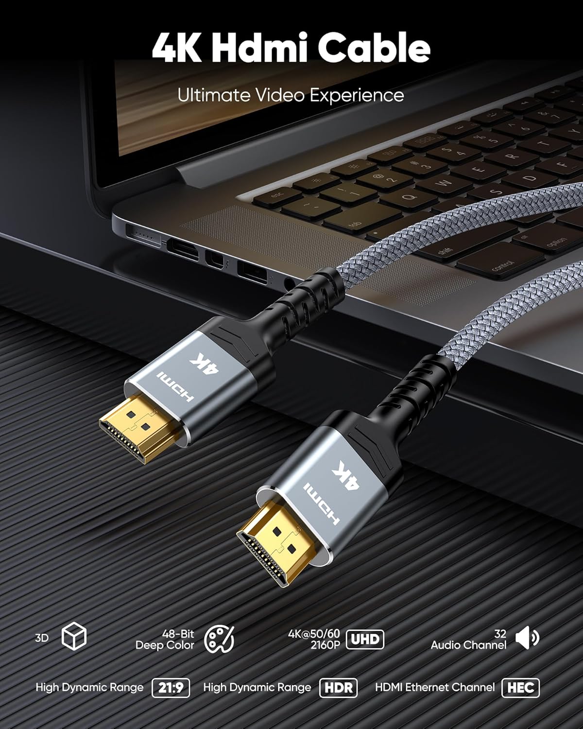 Highwings 4K 60HZ HDMI Cable 6.6FT, 18Gbps High Speed 2.0 Braided Cord-Supports (4K 60Hz HDR,Video 4K 2160p 1080p 3D HDCP 2.2 ARC-Compatible with Ethernet Monitor PS 4/3 HDTV 4K Fire Netflix-3