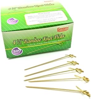 Gmark Bamboo Cocktail Picks 4.5" 300 ct - Bamboo Knot Skewers, Looped Knot Twisted Ends Perfect for Cocktail Party, Barbeque, Club Sandwiches - Pack in Box GM1114