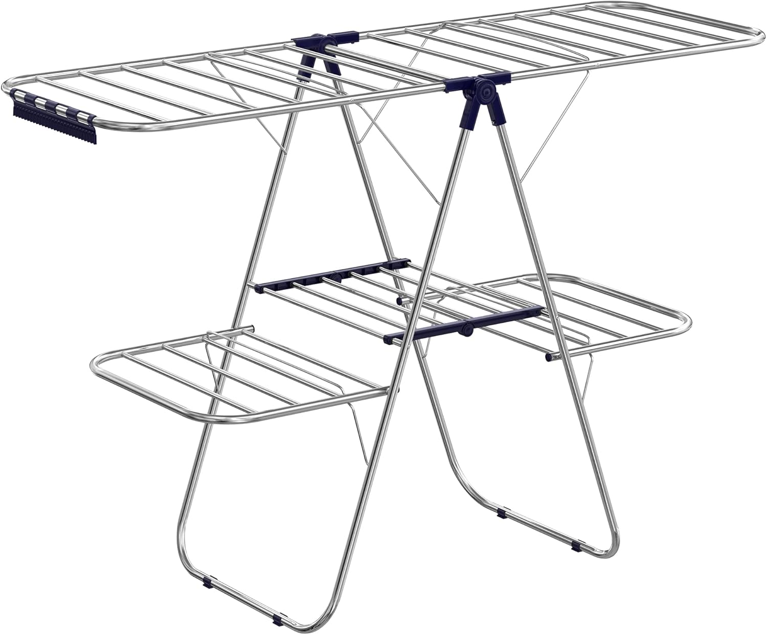 SONGMICS Clothes Drying Rack, Foldable 2-Level Laundry Drying Rack, Free-Standing Large Drying Rack, with Height-Adjustable Wings, 33 Drying Rails, Sock Clips, Silver and Blue ULLR53BU-0