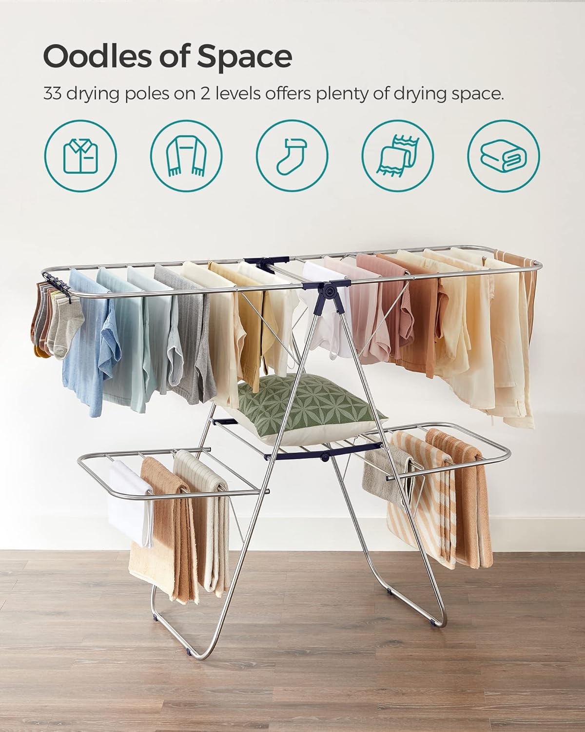 SONGMICS Clothes Drying Rack, Foldable 2-Level Laundry Drying Rack, Free-Standing Large Drying Rack, with Height-Adjustable Wings, 33 Drying Rails, Sock Clips, Silver and Blue ULLR53BU-2