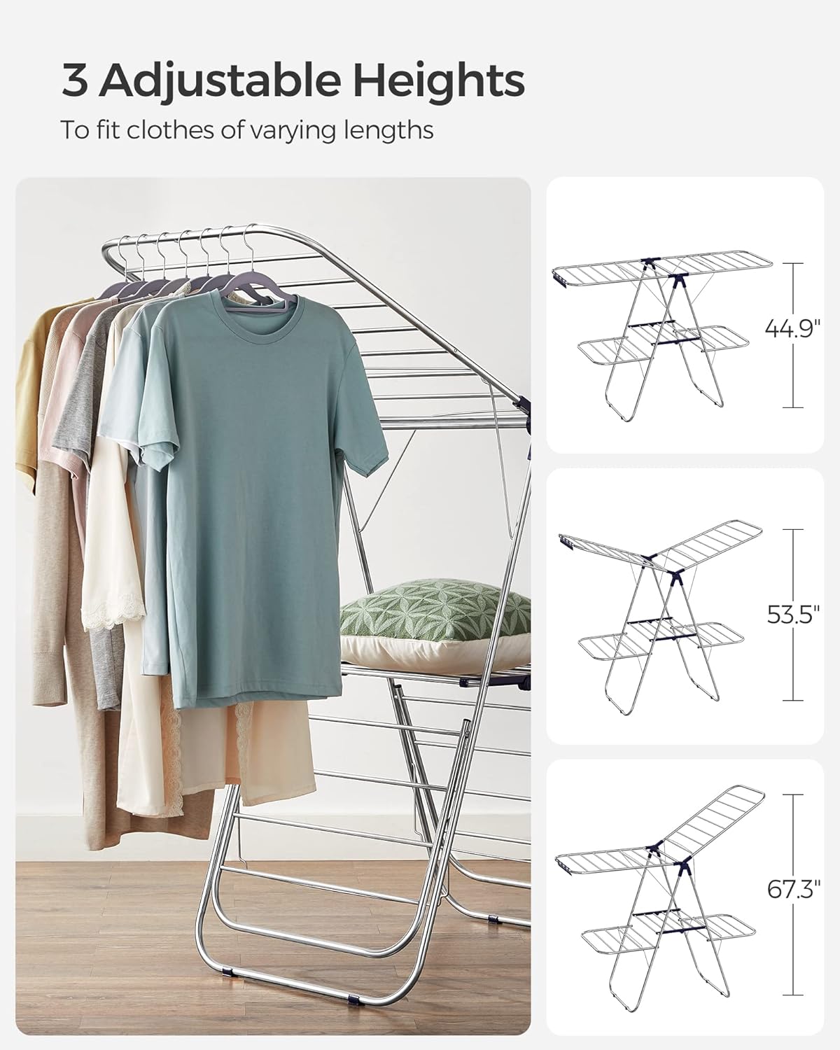 SONGMICS Clothes Drying Rack, Foldable 2-Level Laundry Drying Rack, Free-Standing Large Drying Rack, with Height-Adjustable Wings, 33 Drying Rails, Sock Clips, Silver and Blue ULLR53BU-4