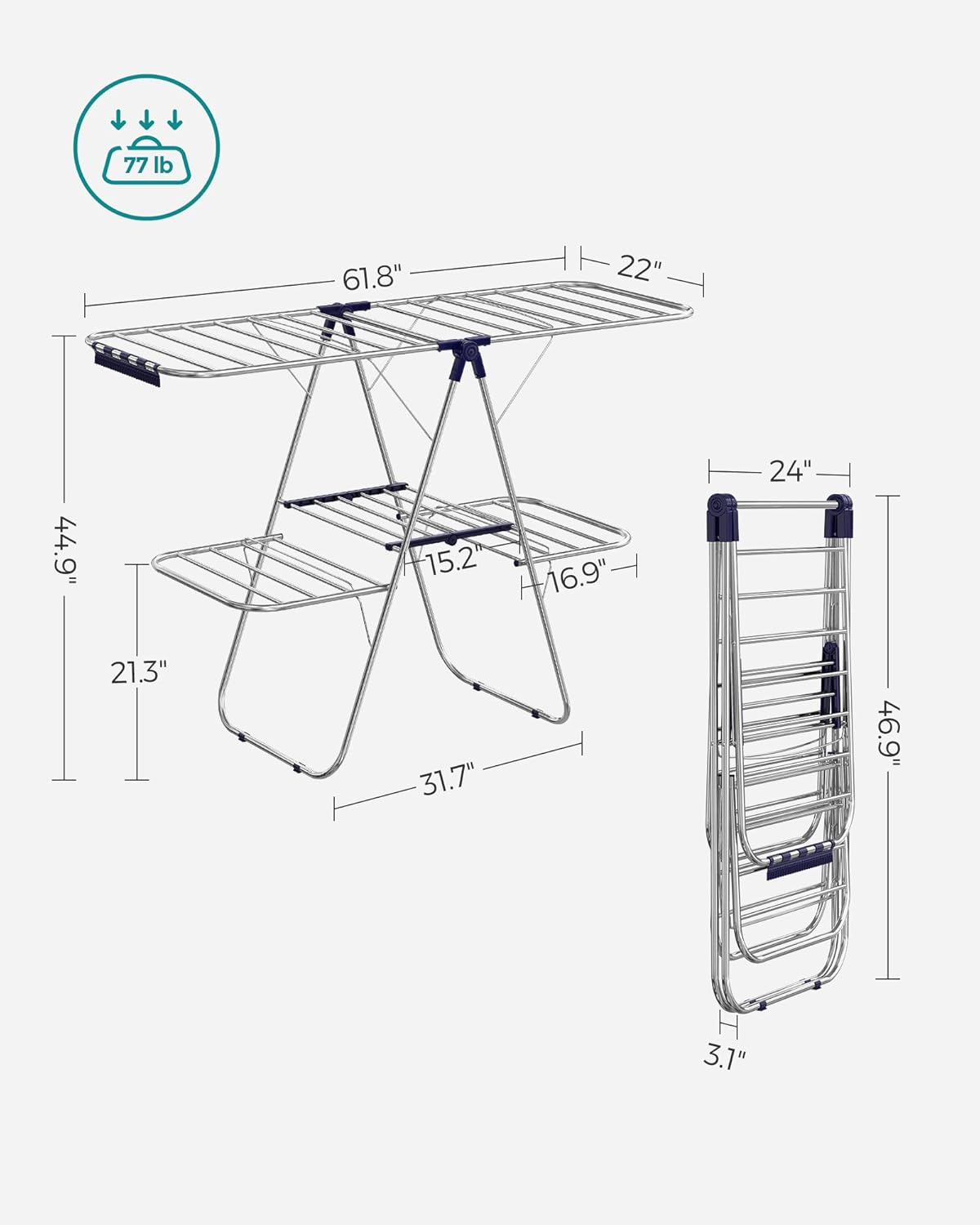 SONGMICS Clothes Drying Rack, Foldable 2-Level Laundry Drying Rack, Free-Standing Large Drying Rack, with Height-Adjustable Wings, 33 Drying Rails, Sock Clips, Silver and Blue ULLR53BU-5