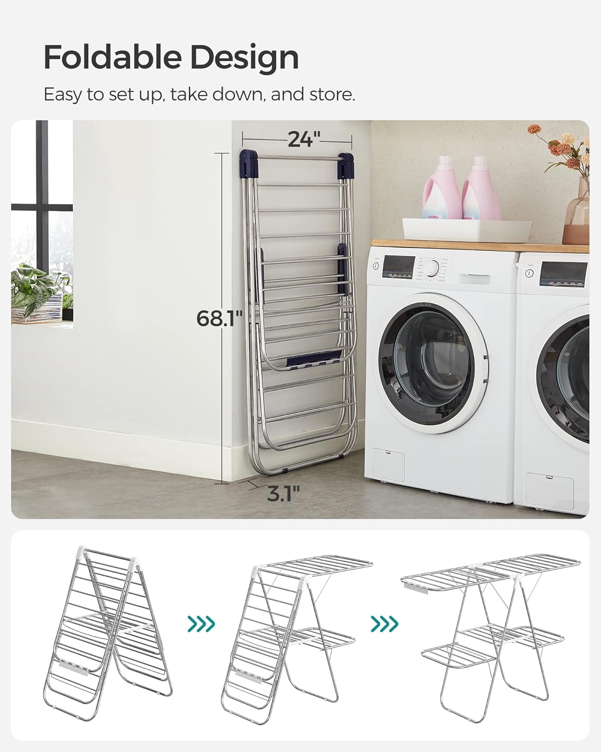 SONGMICS Clothes Drying Rack, Foldable 2-Level Laundry Drying Rack, Free-Standing Large Drying Rack, with Height-Adjustable Wings, 33 Drying Rails, Sock Clips, Silver and Blue ULLR53BU-6