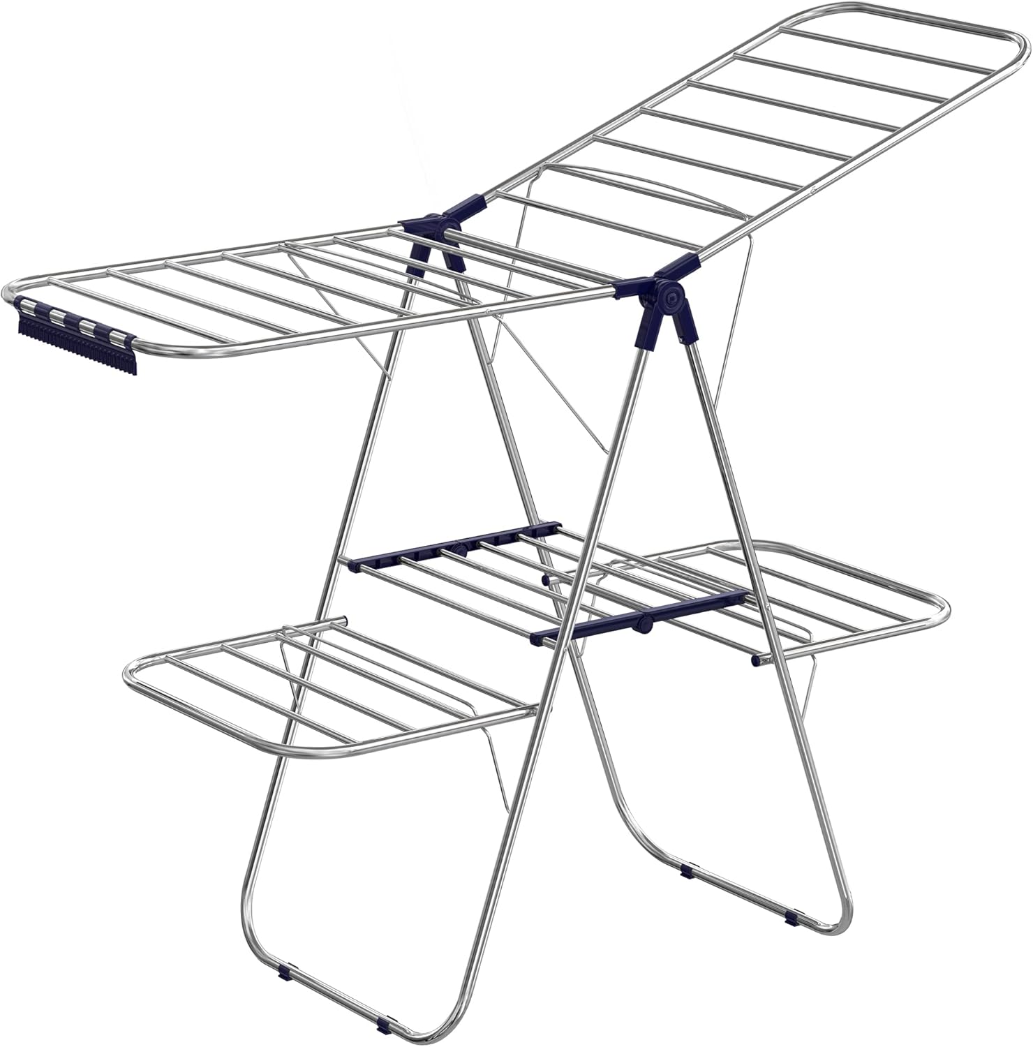 SONGMICS Clothes Drying Rack, Foldable 2-Level Laundry Drying Rack, Free-Standing Large Drying Rack, with Height-Adjustable Wings, 33 Drying Rails, Sock Clips, Silver and Blue ULLR53BU-8