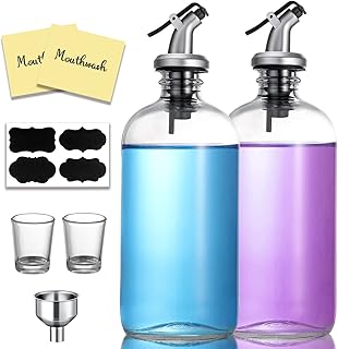 AOZITA 16-Ounce Glass Mouthwash Dispenser - Clear Glass Bottle with Pour Spout, Shot Glass, Funnel and Labels, Refillable Boston Round Bottles - 2 Pack