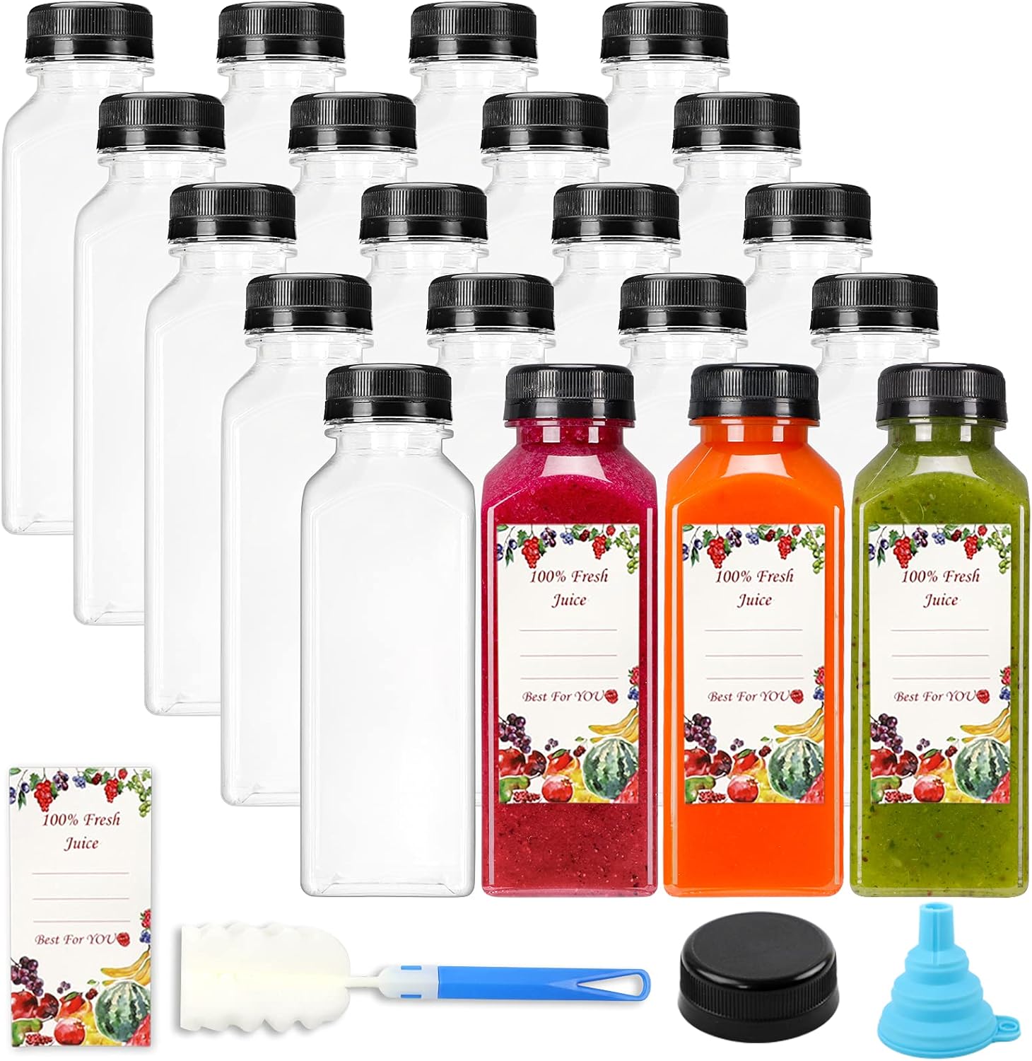 SUPERLELE 20pcs 12oz Empty Plastic Juice Bottles with Caps, Reusable Water Bottles, Clear Bulk Drink Containers with Black Tamper Evident Lids for Juicing, Smoothie, Drinking and Other Beverages-0