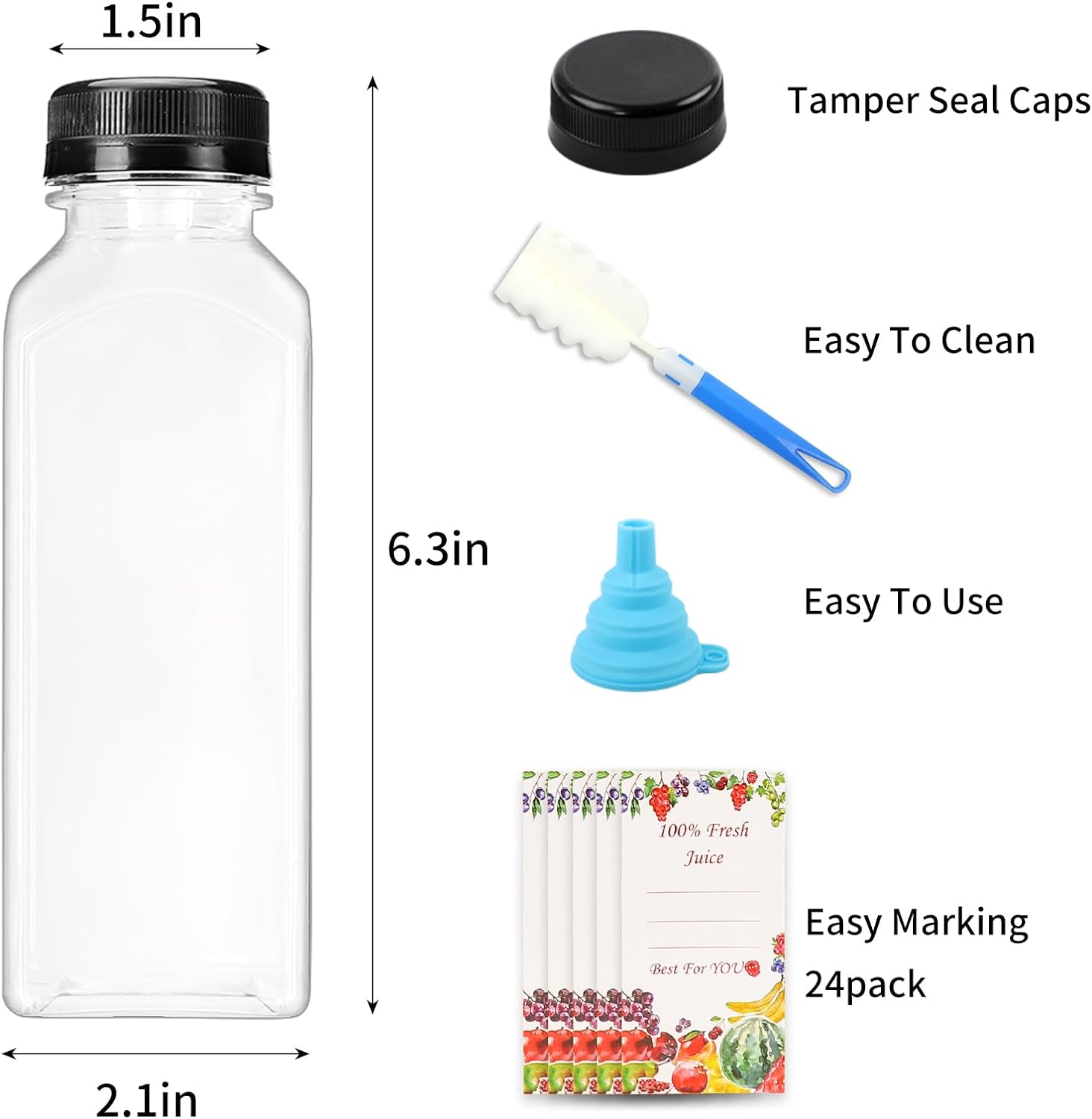 SUPERLELE 20pcs 12oz Empty Plastic Juice Bottles with Caps, Reusable Water Bottles, Clear Bulk Drink Containers with Black Tamper Evident Lids for Juicing, Smoothie, Drinking and Other Beverages-2