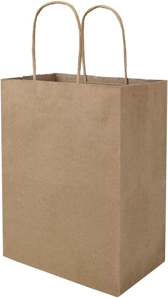 bagmad 100 Pack 8x4.75x10 inch Plain Medium Paper Bags with Handles Bulk, Brown Kraft Bags, Craft Gift Bags, Grocery Shopping Retail Bags, Birthday Party Favors Wedding Bags Sacks (Brown, 100pcs)-0