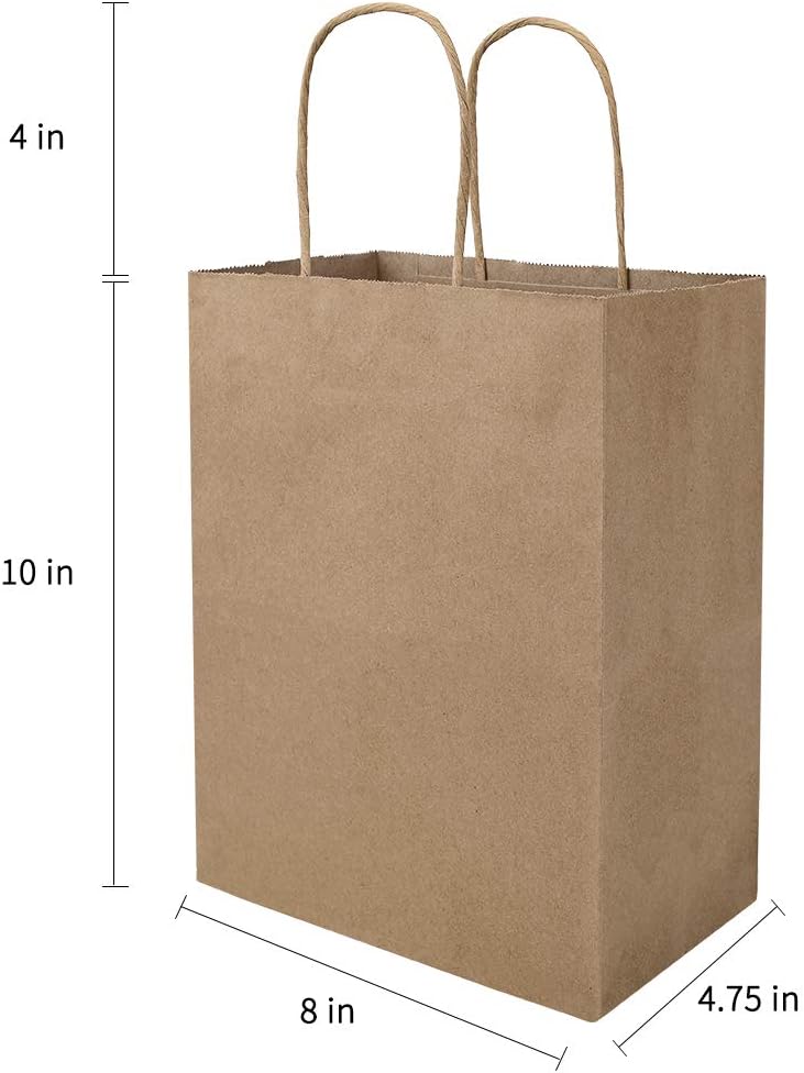 bagmad 100 Pack 8x4.75x10 inch Plain Medium Paper Bags with Handles Bulk, Brown Kraft Bags, Craft Gift Bags, Grocery Shopping Retail Bags, Birthday Party Favors Wedding Bags Sacks (Brown, 100pcs)-2