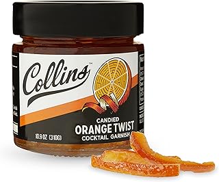 Collins Candied Fruit Orange Peel Twist in Syrup - Popular Cocktail Garnish for Skinny Margarita, Martini, Mojito, Old Fashioned Drinks, Peel for Baking, 10.9oz.