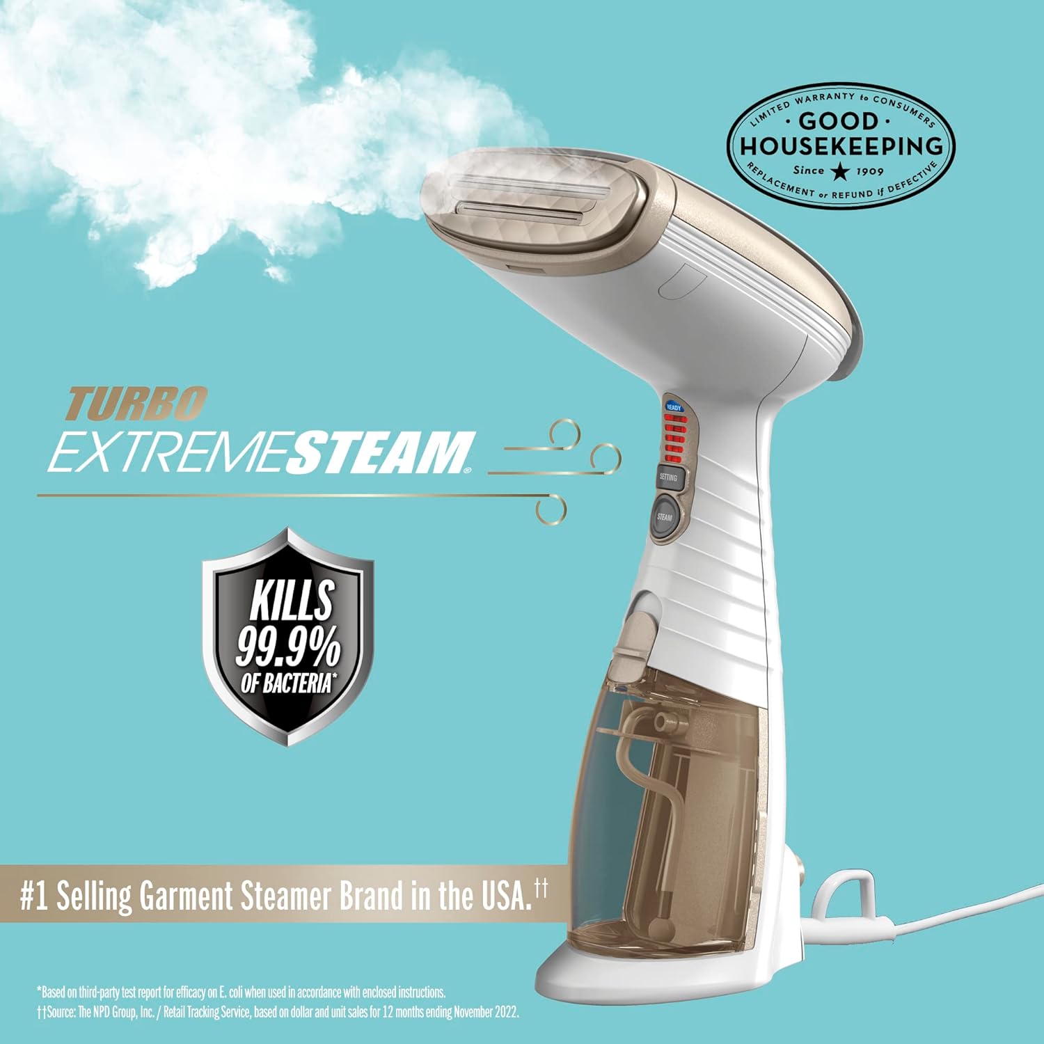 Conair Handheld Garment Steamer for Clothes, Turbo ExtremeSteam 1875W, Portable Handheld Design, Strong Penetrating Steam, White / Champagne-1