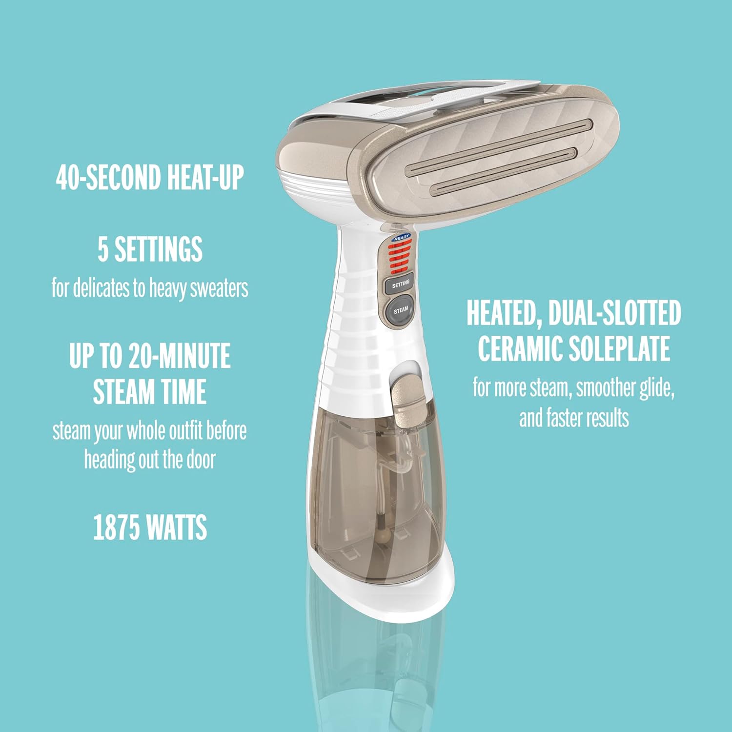 Conair Handheld Garment Steamer for Clothes, Turbo ExtremeSteam 1875W, Portable Handheld Design, Strong Penetrating Steam, White / Champagne-2