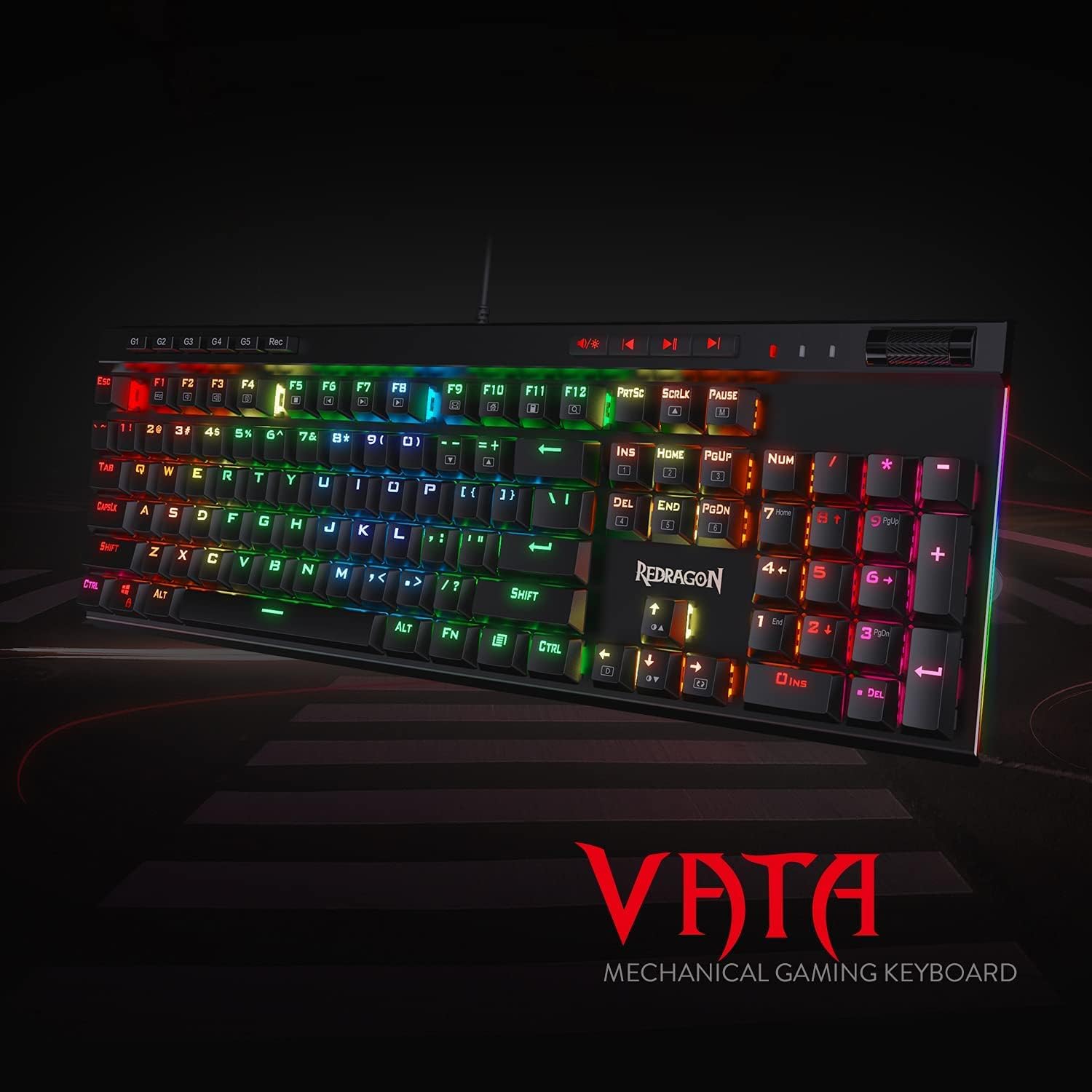 Redragon K580 VATA RGB LED Backlit Mechanical Gaming Keyboard with Macro Keys & Dedicated Media Controls, Hot-Swappable Socket, Onboard Macro Recording (Brown Switches)-1