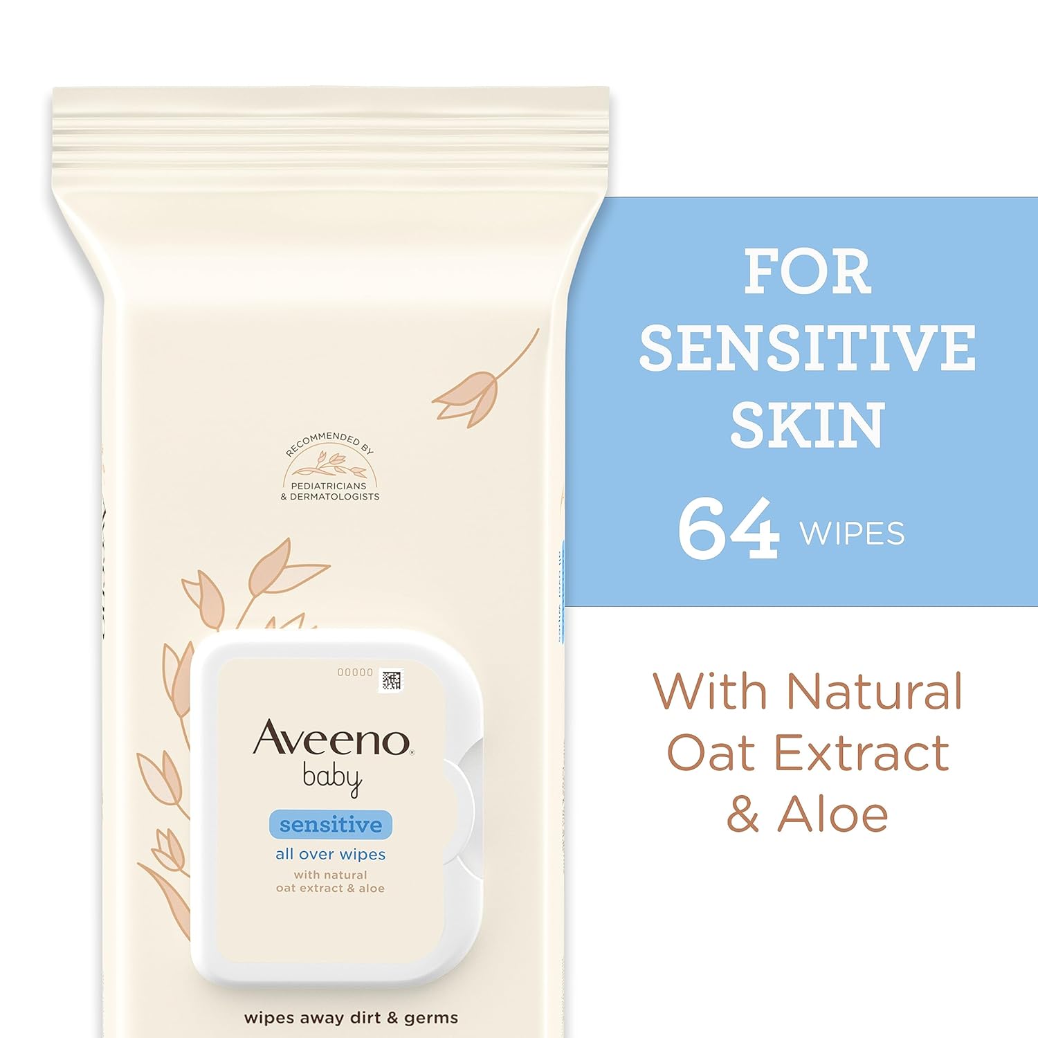 Aveeno Baby Sensitive All Over Wipes with Aloe & Natural Oat Extract for Face, Bottom, Hands & Body, pH-Balanced, Hypoallergenic, Fragrance-, Phenoxyethanol- & Alcohol-Free, 64 ct-1