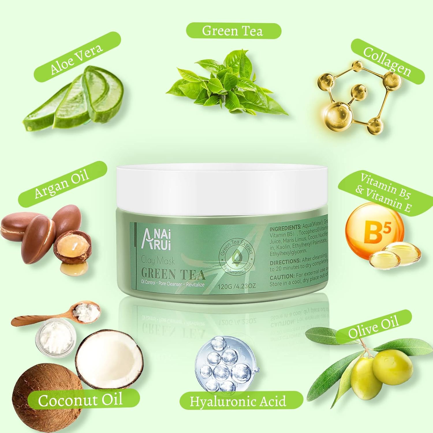 ANAI RUI Green Tea Mask, Clay Mask for Poreless Deep Cleanse, Green Tea Face Mask Blackhead Remover with Kaolin, Aloe, Collagen, Pore Minimizer, Hydrating, Moisturizing-1