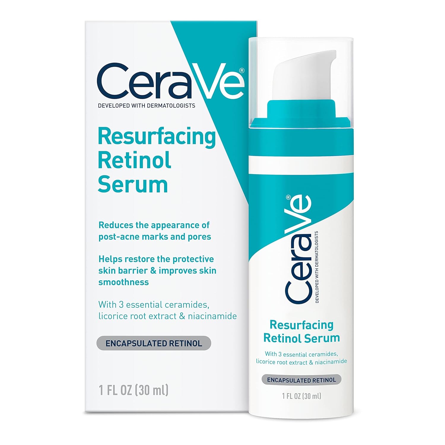 CeraVe Resurfacing Retinol Serum For Post Acne Marks, Formulated With Licorice Root Extract & Niacinamide, Brightening Serum & Pore Minimizer For Face, Post Acne Skin Barrier Repair, Non-Comedogenic-0