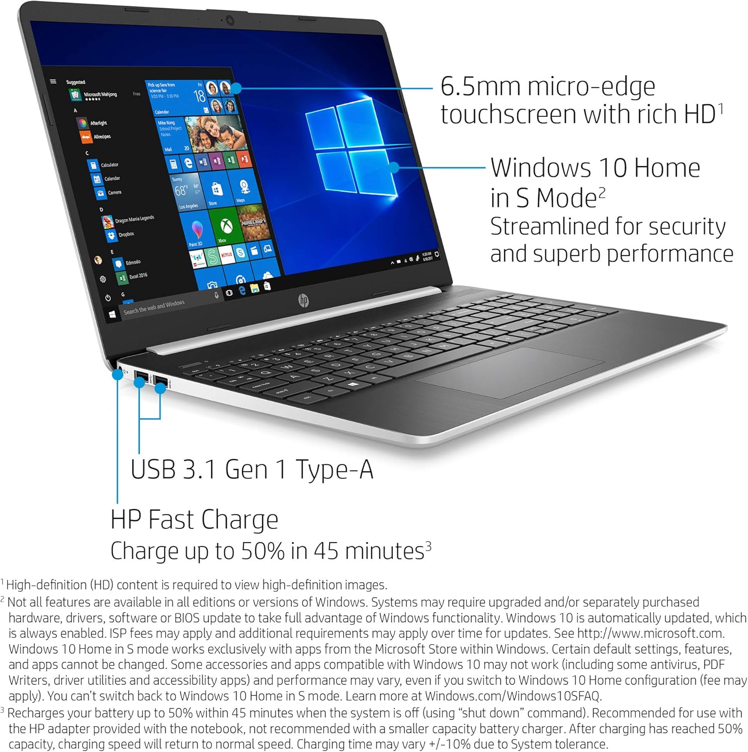 HP 15-Inch HD Touchscreen Laptop, 10th Gen Intel Core i3-1005G1, 4 GB SDRAM, 128 GB Solid-State Drive, Windows 10 Home in S Mode (15-dy1010nr, Natural Silver), 15-15.99 inches-1