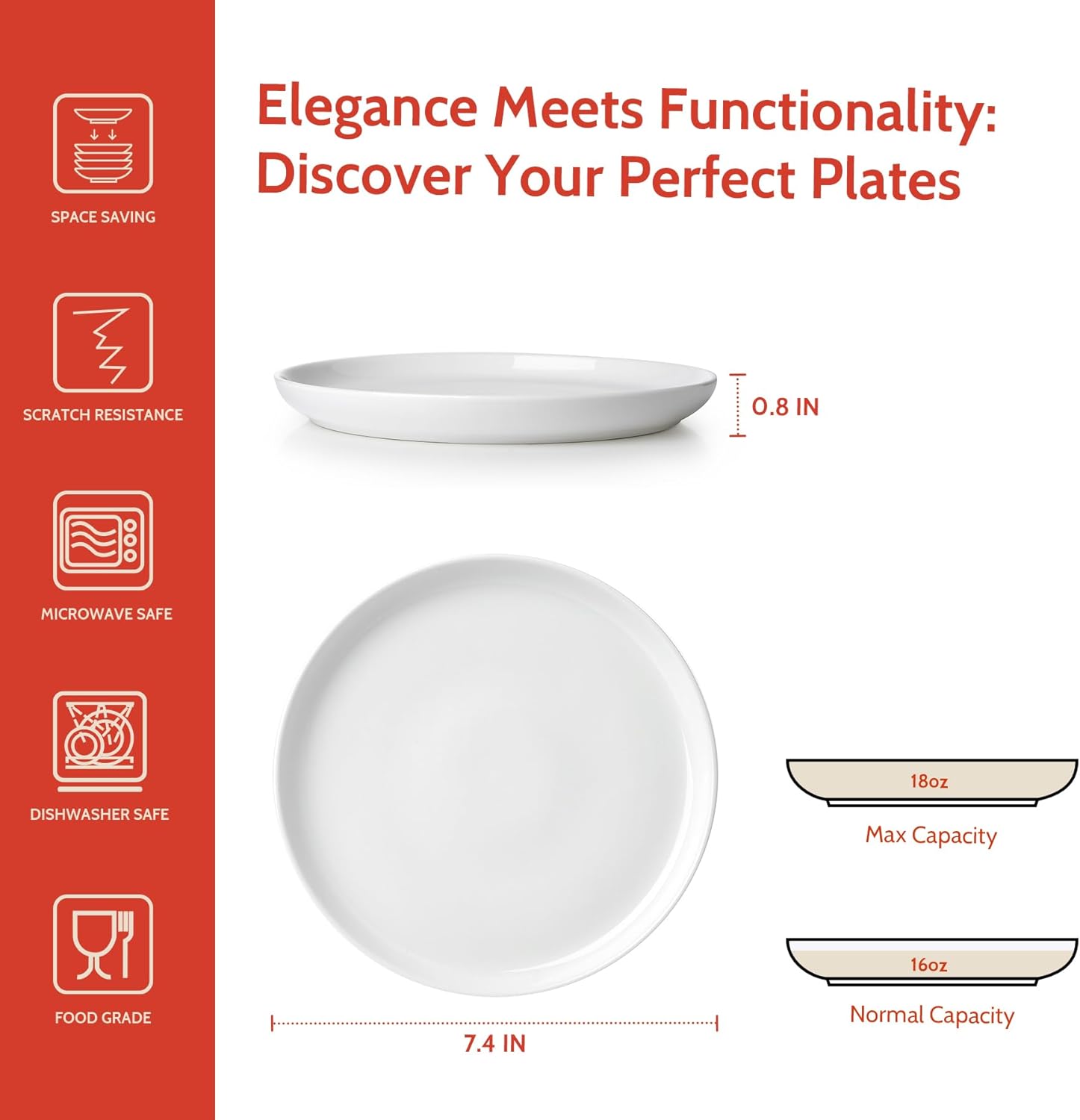 Sweese Porcelain 7.4 Inch Dessert Plates Set of 6 - White Salad Modern Appetizer Plates - Dishwasher, Microwave, Oven Safe, Smooth Glaze, Scratch Resistant-1