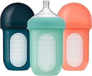 Boon Nursh Reusable Silicone Pouch Baby Bottles - Medium Flow Nipple - Silicone Baby Bottle Pouch and Nipple - Baby Feeding Essentials - Mint - 3-6 Months - 3 Count - 8 Ounce