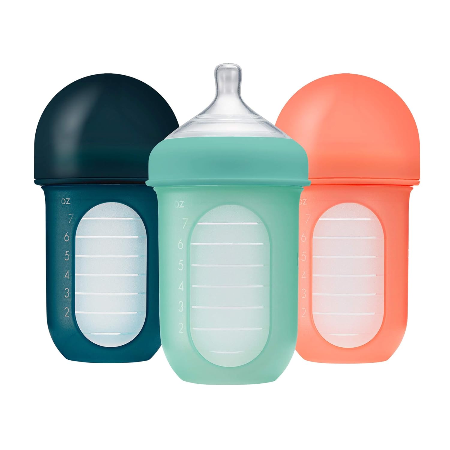 Boon Nursh Reusable Silicone Pouch Baby Bottles - Medium Flow Nipple - Silicone Baby Bottle Pouch and Nipple - Baby Feeding Essentials - Mint - 3-6 Months - 3 Count - 8 Ounce-0