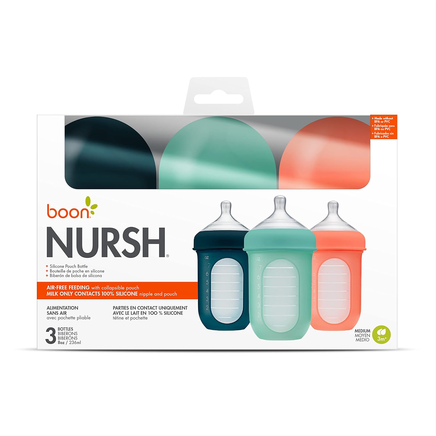 Boon Nursh Reusable Silicone Pouch Baby Bottles - Medium Flow Nipple - Silicone Baby Bottle Pouch and Nipple - Baby Feeding Essentials - Mint - 3-6 Months - 3 Count - 8 Ounce-6