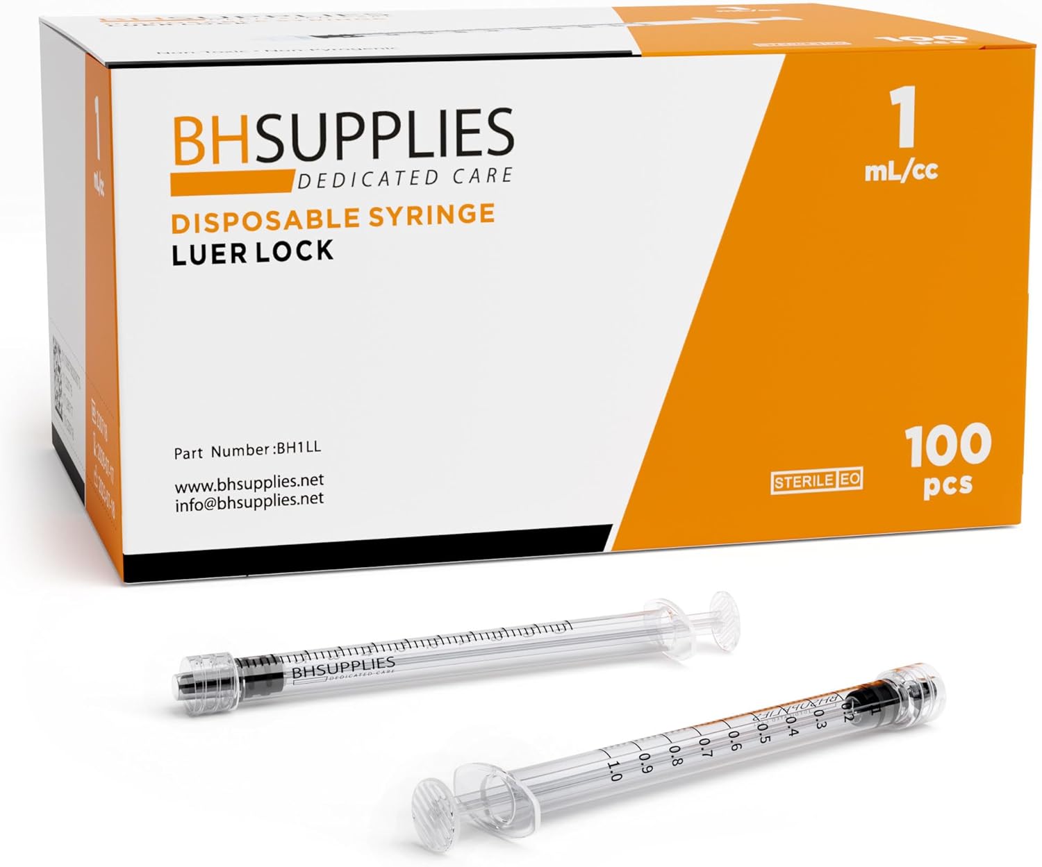 BH Supplies 1ml Luer Lock Tip Syringes (No Needle) - Sterile, Individually Wrapped - 100 Syringes-0