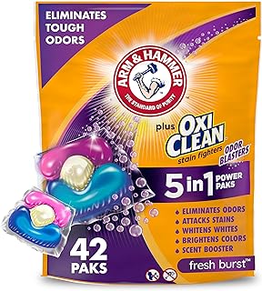 ARM & HAMMER Plus OxiClean with Odor Blasters Concentrated Laundry Detergent, 5-in-1 Laundry Stain Remover, Fresh Burst Detergent Power Paks, 42 Count Bag