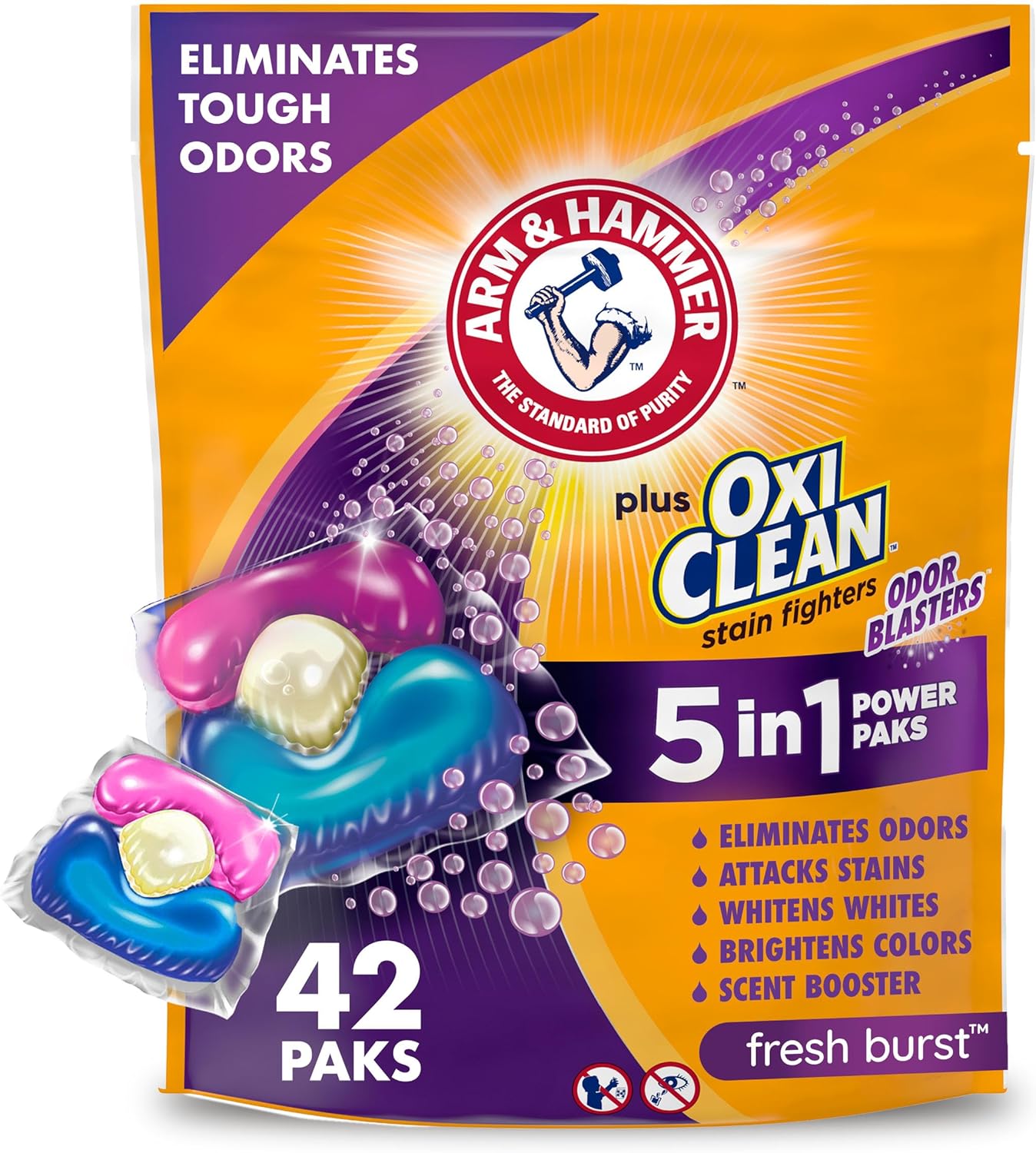 ARM & HAMMER Plus OxiClean with Odor Blasters Concentrated Laundry Detergent, 5-in-1 Laundry Stain Remover, Fresh Burst Detergent Power Paks, 42 Count Bag-0