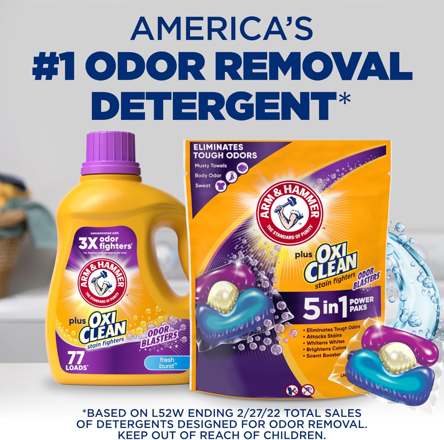 ARM & HAMMER Plus OxiClean with Odor Blasters Concentrated Laundry Detergent, 5-in-1 Laundry Stain Remover, Fresh Burst Detergent Power Paks, 42 Count Bag-10