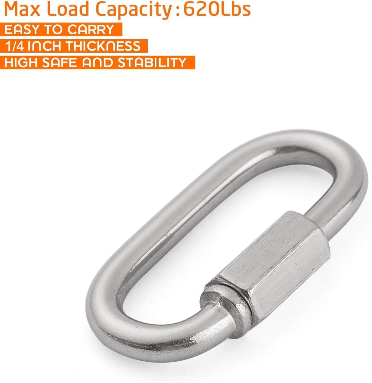 ASelected 8 Pack Threaded Quick Link, Stainless Steel Oval Locking Carabiner Clip, Tow Chain Quick Links, 1/4 Inch Diameter Rope Connector for Trailer, Swing, Hammocks, Cable, Camping-620Lbs Capacity-2