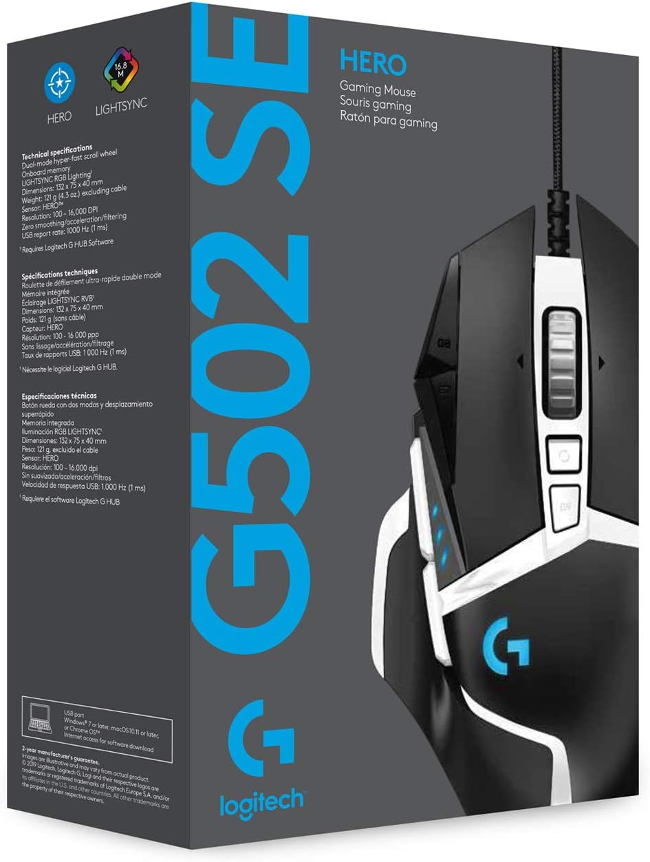 Logitech G502 Hero High Performance Gaming Mouse Special Edition, Hero 25K Sensor, 25 600 DPI, RGB, Adjustable Weights, 11 Programmable Buttons, On-Board Memory, PC/Mac - Black/White-6