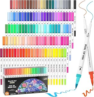 Shuttle Art 120 Color Dual Brush and Fineliner Marker Pens Set with Coloring Book - Perfect for Kids and Adults for Lettering, Journaling and Doodling