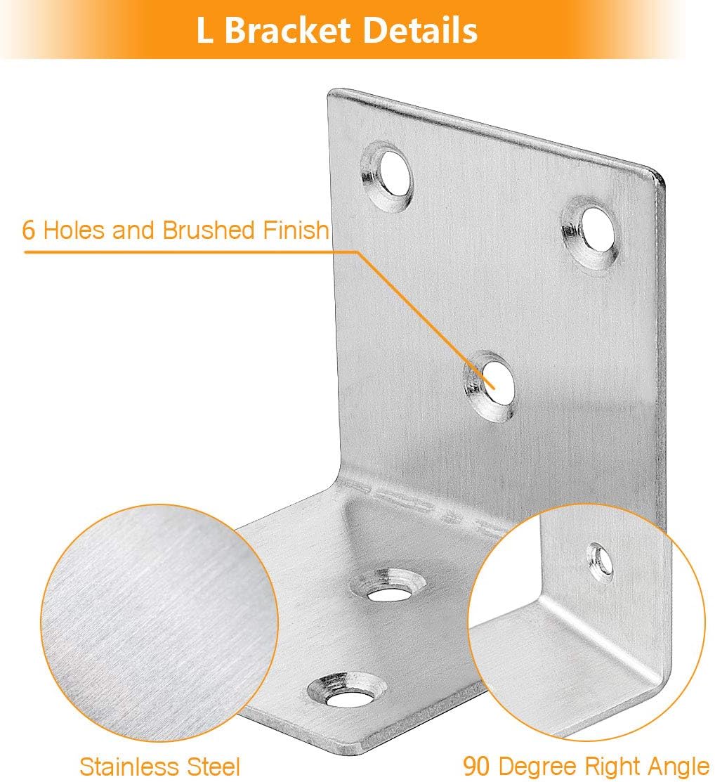 ASelected 22Pcs Stainless Steel Corner Brackets 2"x2"x2" Heavy Duty L Brackets for Wood 50MM 2Inch Wide Metal Corner Braces 90 Degree L Shape Joint Right Angle Brackets for Shelves Wooden Frame Bed-1