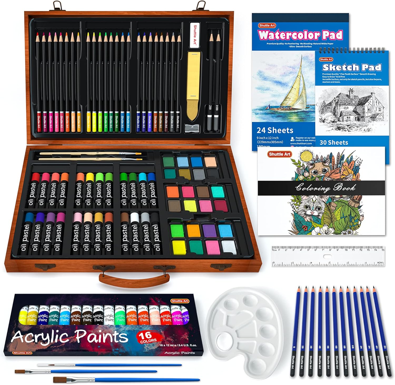 Shuttle Art 118 Piece Deluxe Art Set, Art Supplies in Wooden Case, Painting Drawing Art Kit with Acrylic Paint Pencils Oil Pastels Watercolor Cakes Coloring Book Watercolor Sketch Pad for Kids Adults-0