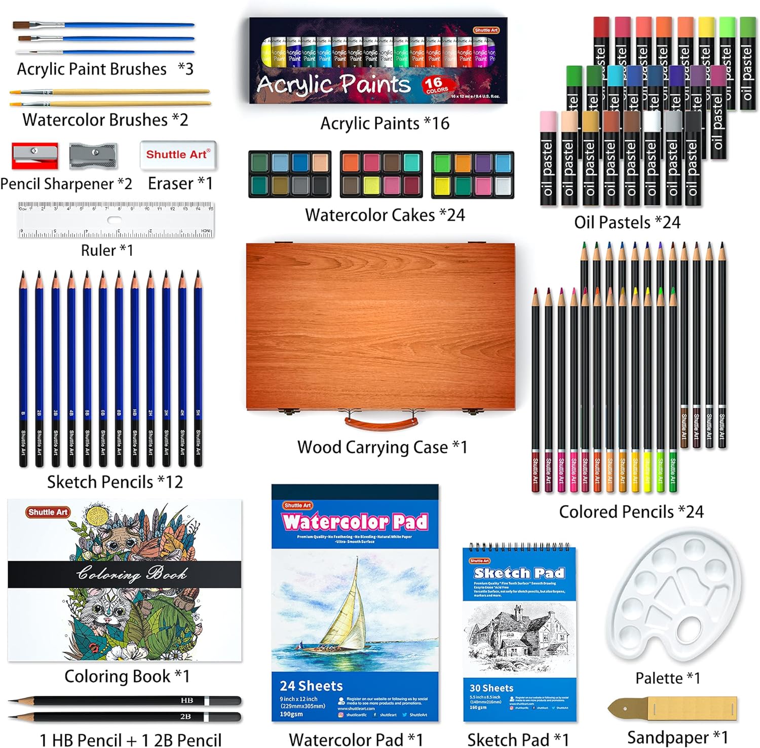 Shuttle Art 118 Piece Deluxe Art Set, Art Supplies in Wooden Case, Painting Drawing Art Kit with Acrylic Paint Pencils Oil Pastels Watercolor Cakes Coloring Book Watercolor Sketch Pad for Kids Adults-1