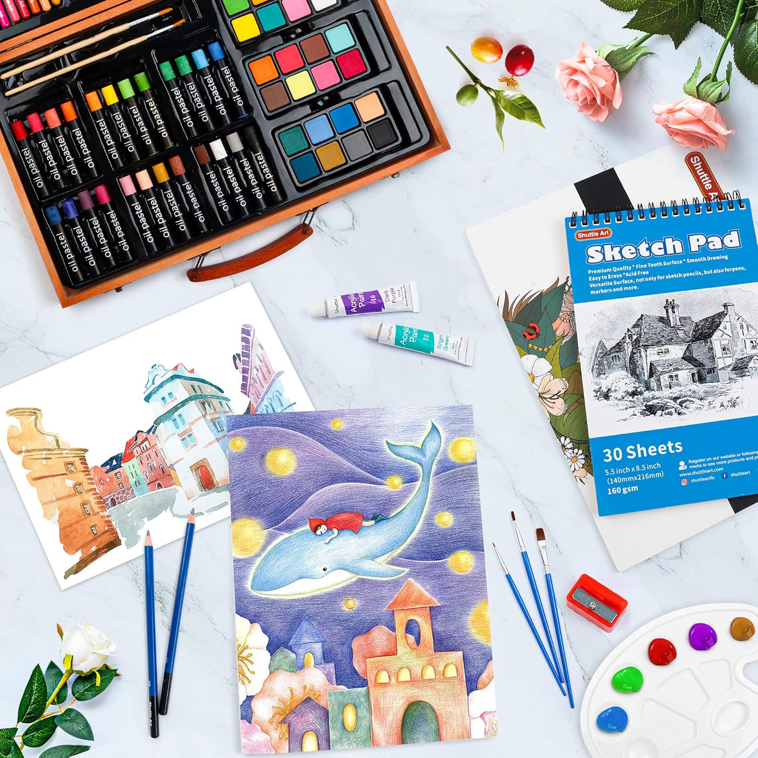 Shuttle Art 118 Piece Deluxe Art Set, Art Supplies in Wooden Case, Painting Drawing Art Kit with Acrylic Paint Pencils Oil Pastels Watercolor Cakes Coloring Book Watercolor Sketch Pad for Kids Adults-2