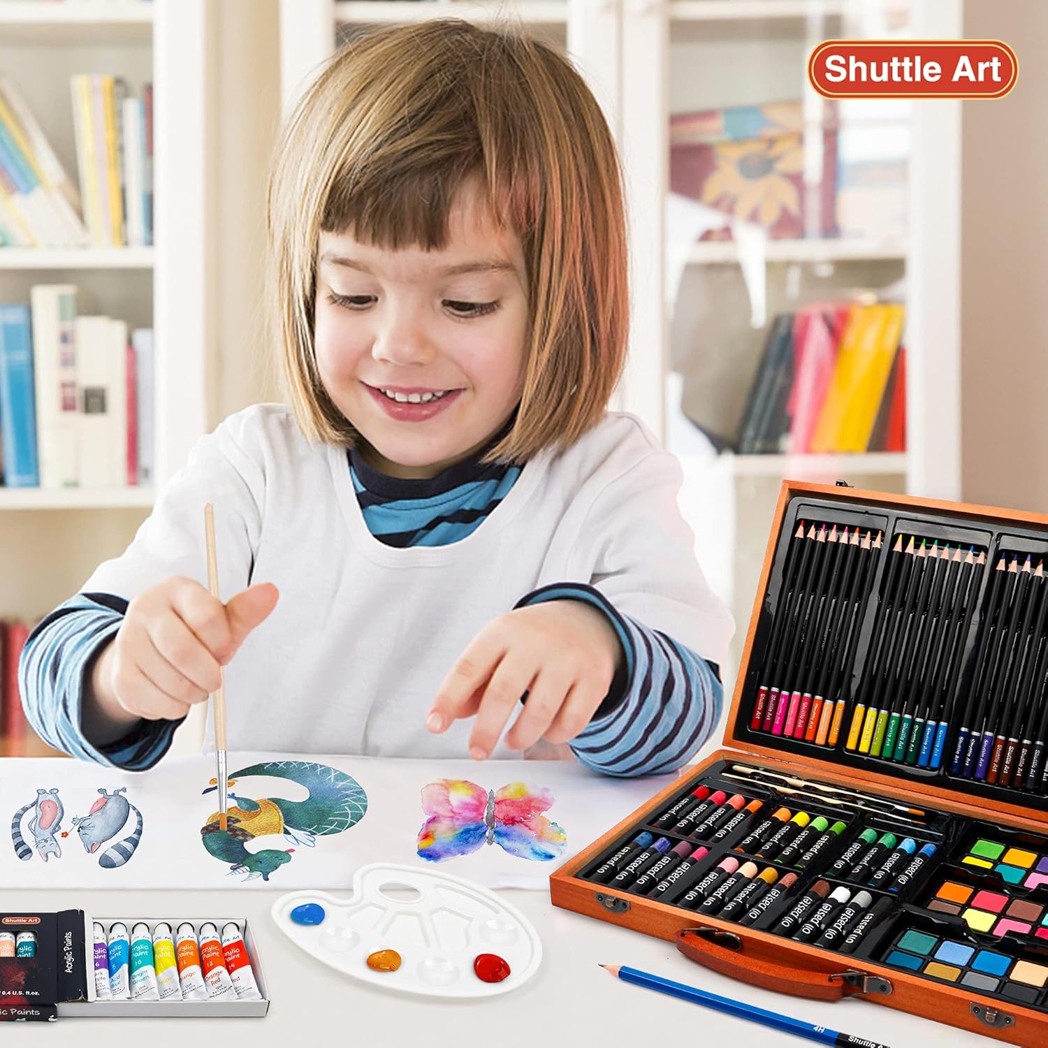 Shuttle Art 118 Piece Deluxe Art Set, Art Supplies in Wooden Case, Painting Drawing Art Kit with Acrylic Paint Pencils Oil Pastels Watercolor Cakes Coloring Book Watercolor Sketch Pad for Kids Adults-5