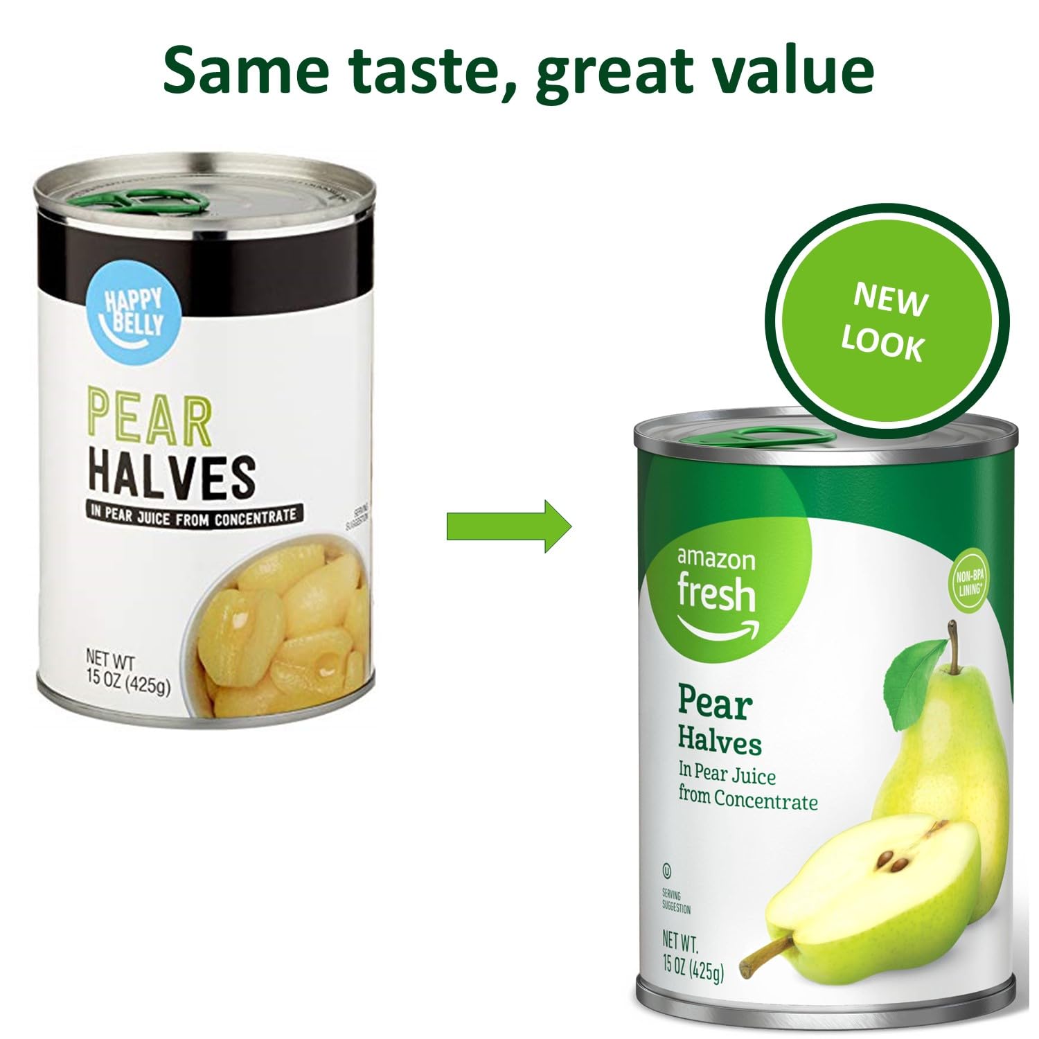 Amazon Fresh Brand, Canned Pear Halves in Pear Juice from Concentrate, 15 Oz (Previously Happy Belly, Packaging May Vary)-1